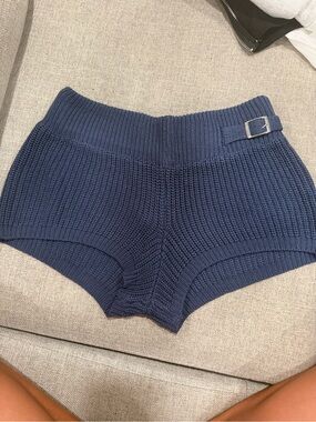 Edikted Navy Knit High-Waist Shorts with Buckle